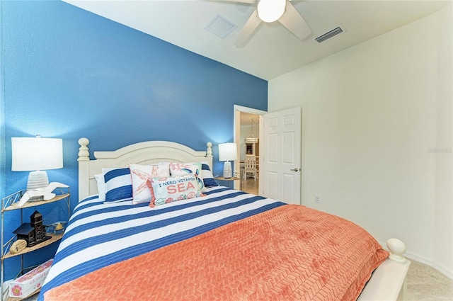 bedroom with a ceiling fan, carpet, visible vents, and baseboards