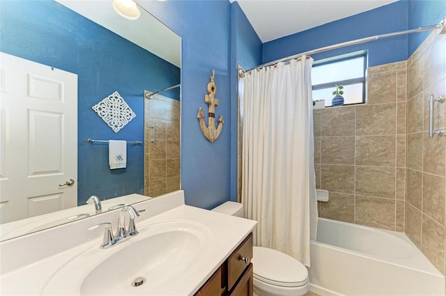 bathroom with a textured wall, vanity, toilet, and shower / bathtub combination with curtain