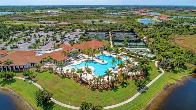 bird's eye view with a water view