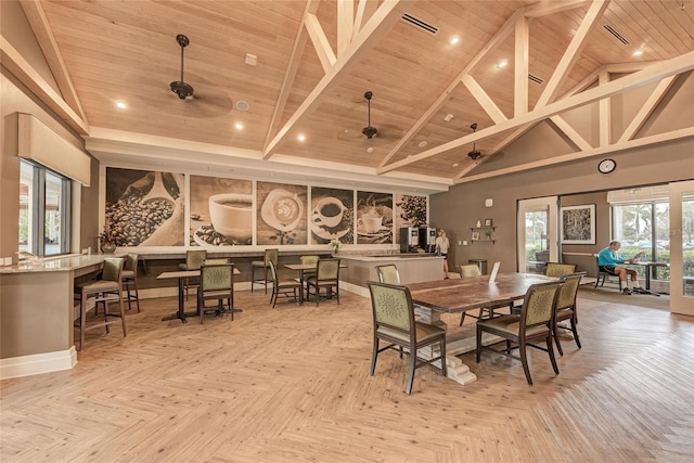 dining space featuring ceiling fan, high vaulted ceiling, wooden ceiling, baseboards, and beam ceiling