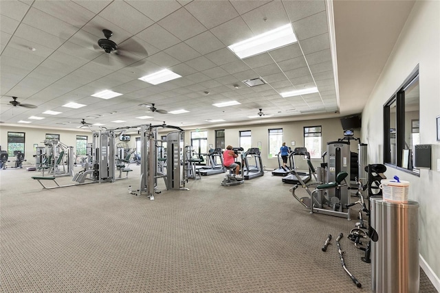 workout area featuring a paneled ceiling, carpet, and a ceiling fan