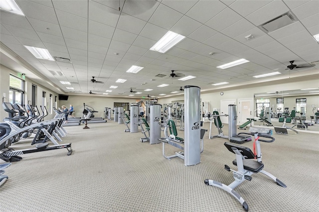 exercise room featuring visible vents, a drop ceiling, and a ceiling fan