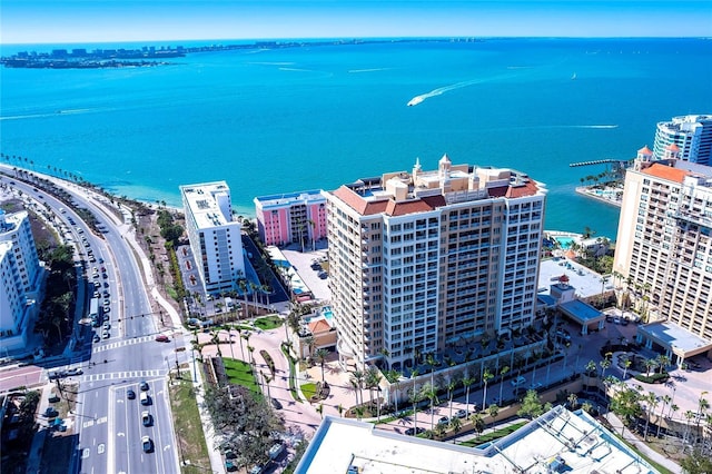 bird's eye view featuring a city view and a water view