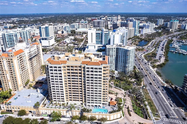 bird's eye view with a view of city and a water view