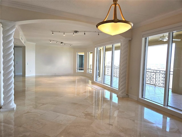 35 Watergate Dr Unit 1103, Sarasota, FL 34236 - empty room with light marble finish floors, ornamental molding, a ceiling fan, and ornate columns