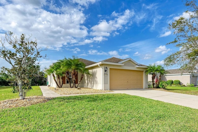 ranch-style house with stucco siding, a shingled roof, concrete driveway, a front yard, and a garage