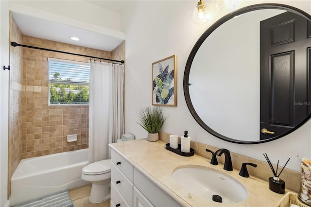 full bathroom featuring shower / bath combination with curtain, vanity, and toilet