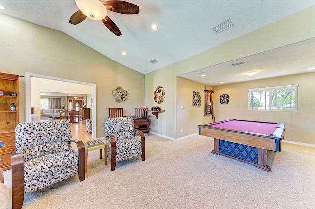 game room with vaulted ceiling, billiards, carpet, and visible vents