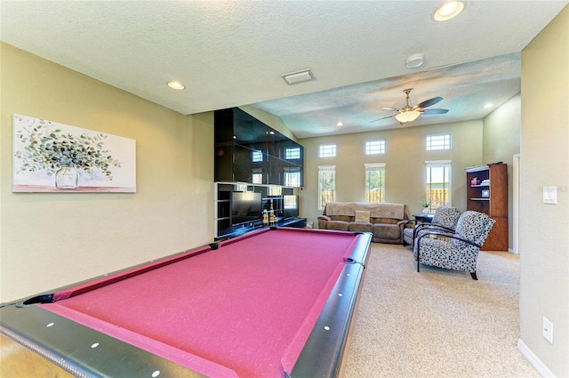 recreation room with billiards, a ceiling fan, visible vents, carpet floors, and a textured ceiling