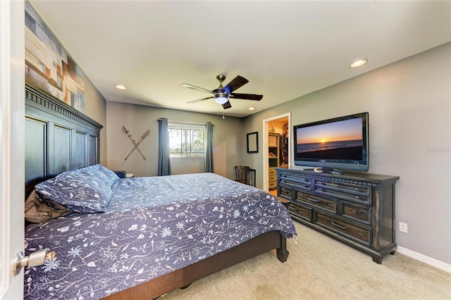 bedroom featuring recessed lighting, ceiling fan, baseboards, and carpet