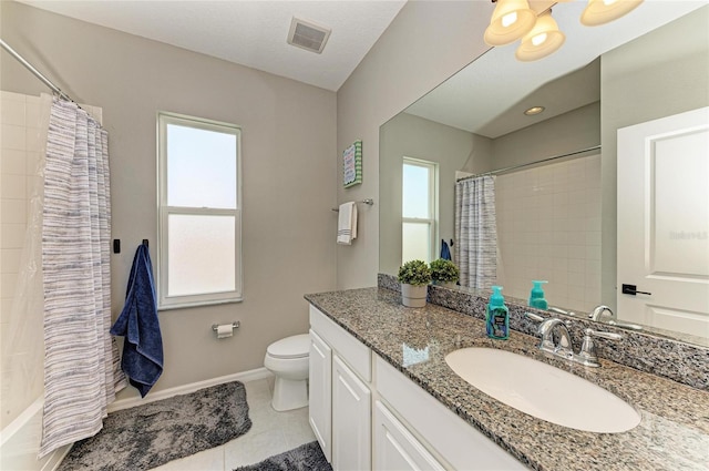 full bath featuring tile patterned flooring, toilet, vanity, visible vents, and baseboards