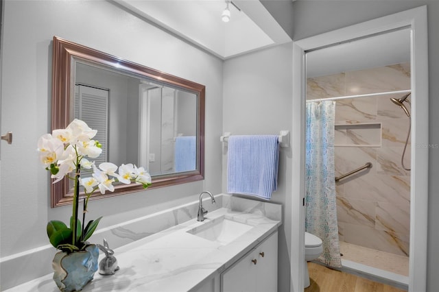 bathroom with wood finished floors, a shower stall, toilet, and vanity