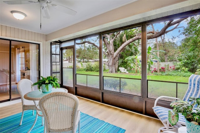 sunroom featuring ceiling fan