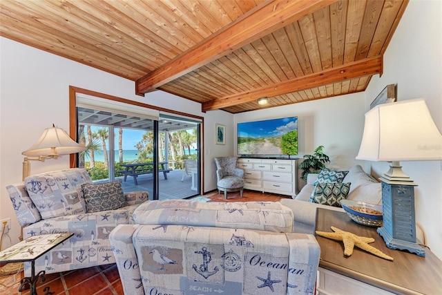 living area featuring wood ceiling, tile patterned flooring, and beam ceiling