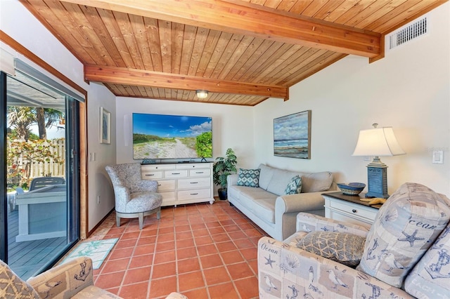 tiled living area with wooden ceiling, visible vents, and beam ceiling