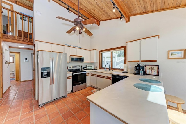 kitchen featuring wooden ceiling, a peninsula, stainless steel appliances, light countertops, and a sink