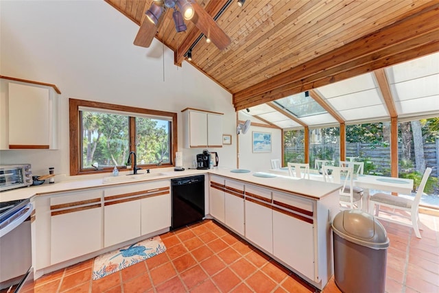 kitchen with black dishwasher, range, wood ceiling, a sink, and beam ceiling