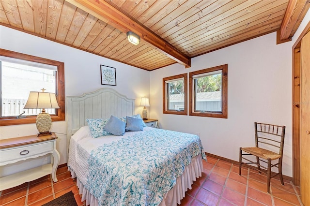 bedroom featuring wooden ceiling, beamed ceiling, and tile patterned floors