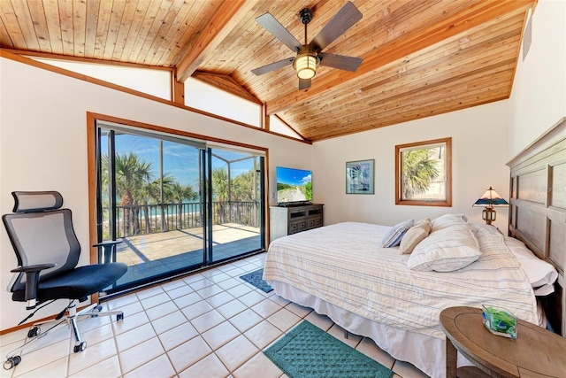 bedroom featuring vaulted ceiling with beams, access to exterior, wood ceiling, and light tile patterned floors