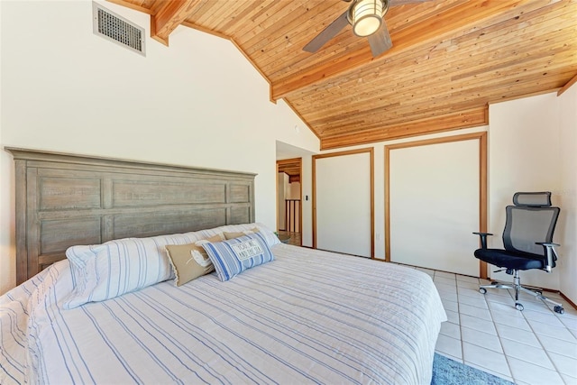 bedroom featuring vaulted ceiling with beams, light tile patterned floors, visible vents, a ceiling fan, and wood ceiling