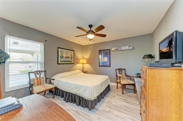 bedroom with light wood finished floors and baseboards