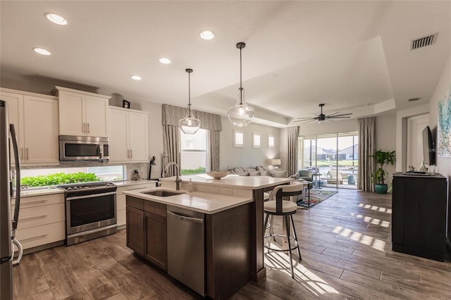 kitchen with a raised ceiling, visible vents, appliances with stainless steel finishes, open floor plan, and a sink