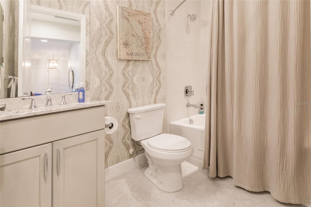 bathroom featuring wallpapered walls, shower / bath combo, baseboards, toilet, and vanity