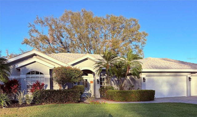 ranch-style home with driveway, a front lawn, an attached garage, and stucco siding