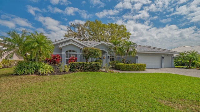 ranch-style house featuring stucco siding, driveway, an attached garage, and a front lawn