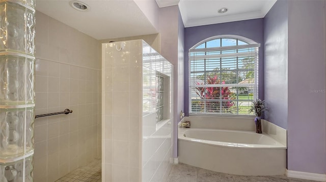 bathroom featuring walk in shower, a bath, and ornamental molding