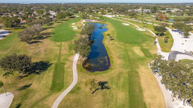 birds eye view of property featuring a water view and golf course view