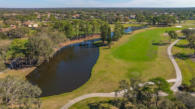 birds eye view of property featuring a water view and golf course view