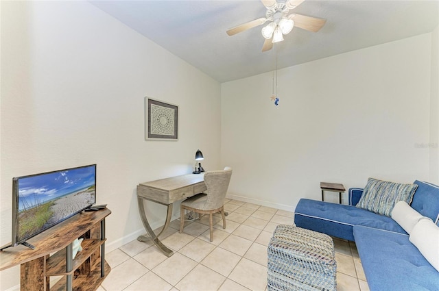 office with light tile patterned floors, baseboards, and a ceiling fan