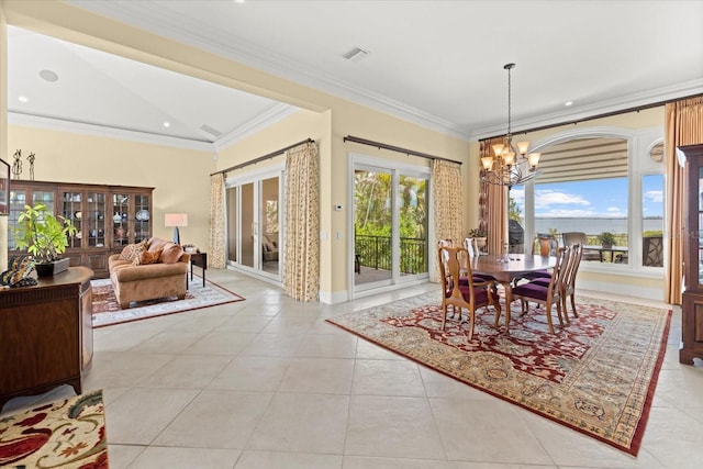 1364 Point Crisp Rd, Sarasota, FL 34242 - dining space featuring visible vents, light tile patterned floors, a notable chandelier, crown molding, and recessed lighting