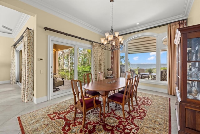 1364 Point Crisp Rd, Sarasota, FL 34242 - dining room with a chandelier, light tile patterned floors, ornamental molding, and plenty of natural light