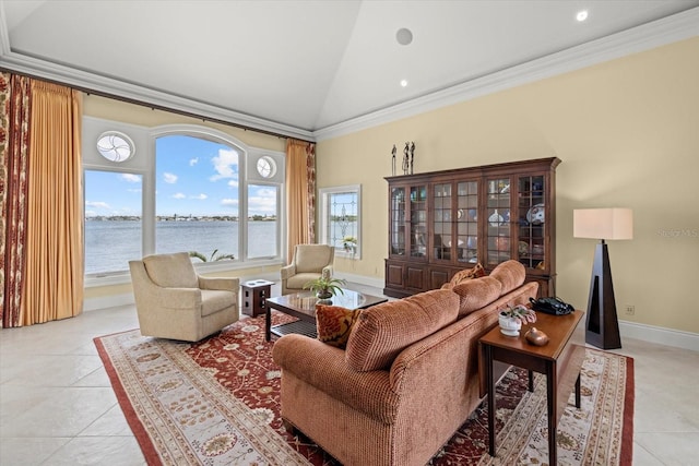 1364 Point Crisp Rd, Sarasota, FL 34242 - living area with a water view, ornamental molding, baseboards, and light tile patterned floors