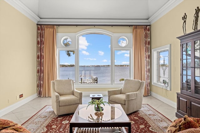 1364 Point Crisp Rd, Sarasota, FL 34242 - sitting room featuring a water view, baseboards, light tile patterned flooring, and lofted ceiling