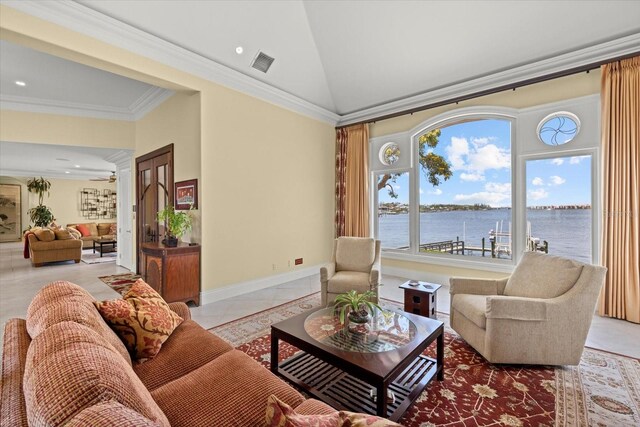 1364 Point Crisp Rd, Sarasota, FL 34242 - living area featuring ornamental molding, vaulted ceiling, visible vents, a water view, and light tile patterned flooring