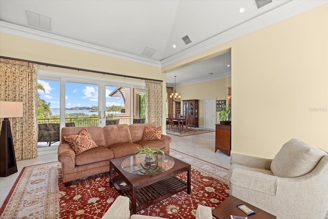 1364 Point Crisp Rd, Sarasota, FL 34242 - living area with light tile patterned floors, visible vents, an inviting chandelier, and ornamental molding