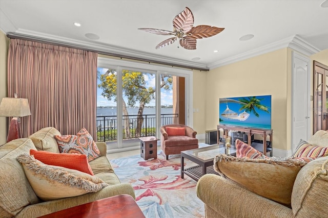 1364 Point Crisp Rd, Sarasota, FL 34242 - living room with a ceiling fan, baseboards, ornamental molding, and recessed lighting