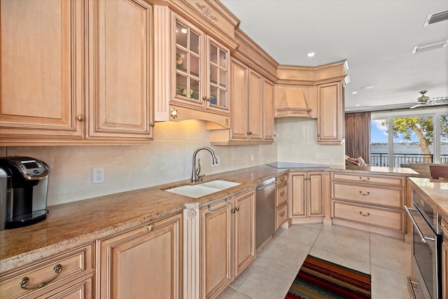 1364 Point Crisp Rd, Sarasota, FL 34242 - kitchen with light brown cabinets, premium range hood, a sink, and stainless steel appliances