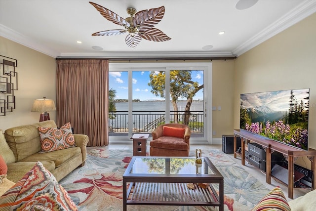 1364 Point Crisp Rd, Sarasota, FL 34242 - living room with ornamental molding, baseboards, a ceiling fan, and recessed lighting
