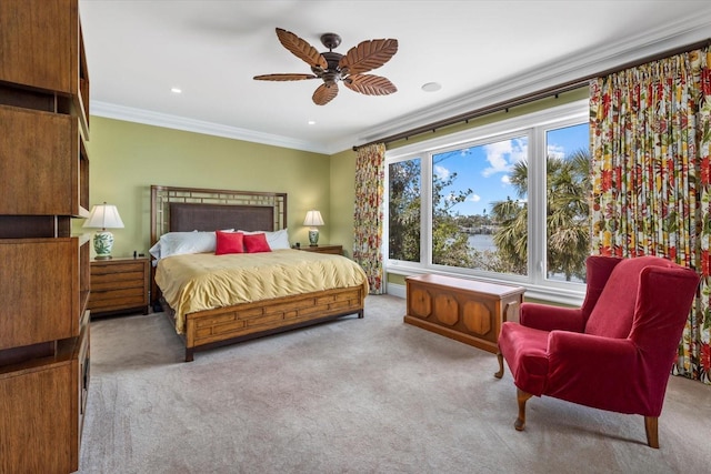 1364 Point Crisp Rd, Sarasota, FL 34242 - carpeted bedroom with ornamental molding, a ceiling fan, and recessed lighting