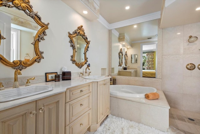 1364 Point Crisp Rd, Sarasota, FL 34242 - bathroom featuring crown molding, double vanity, a sink, and ensuite bath