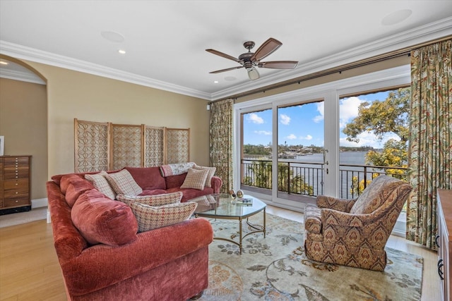 1364 Point Crisp Rd, Sarasota, FL 34242 - living area with baseboards, ornamental molding, ceiling fan, recessed lighting, and light wood-style flooring