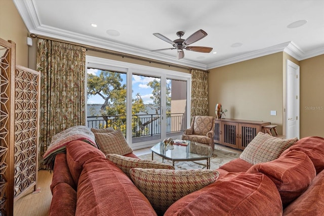1364 Point Crisp Rd, Sarasota, FL 34242 - living area with a ceiling fan, crown molding, and wood finished floors