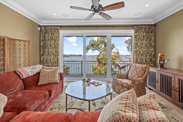1364 Point Crisp Rd, Sarasota, FL 34242 - living area with a wealth of natural light, crown molding, and a ceiling fan
