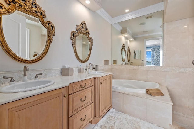 1364 Point Crisp Rd, Sarasota, FL 34242 - full bath featuring double vanity, a bath, a sink, and ornamental molding