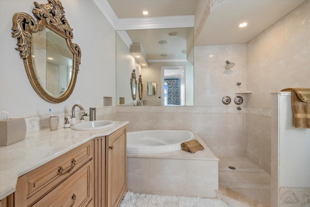 1364 Point Crisp Rd, Sarasota, FL 34242 - bathroom featuring a walk in shower, vanity, a garden tub, and crown molding