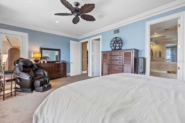 1364 Point Crisp Rd, Sarasota, FL 34242 - carpeted bedroom with ornamental molding, visible vents, a ceiling fan, and ensuite bathroom